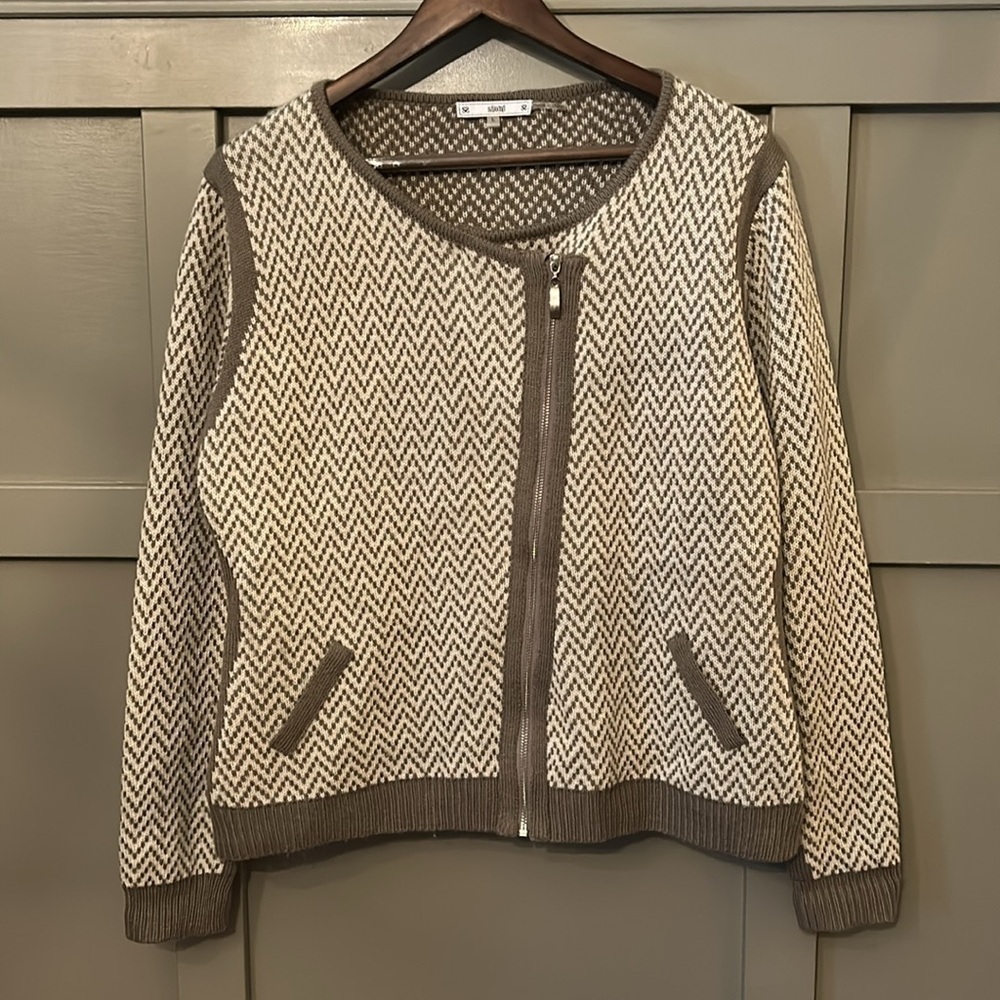 Sioni Chevron Wool Blend Sweater Asymmetric Full Zip Tan Brown Size Large